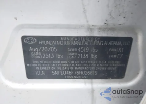 2006 Hyundai Sonata Gls V6/Lx V6 z USA, uszkodzony, nr VIN 5NPEU46F76H026619